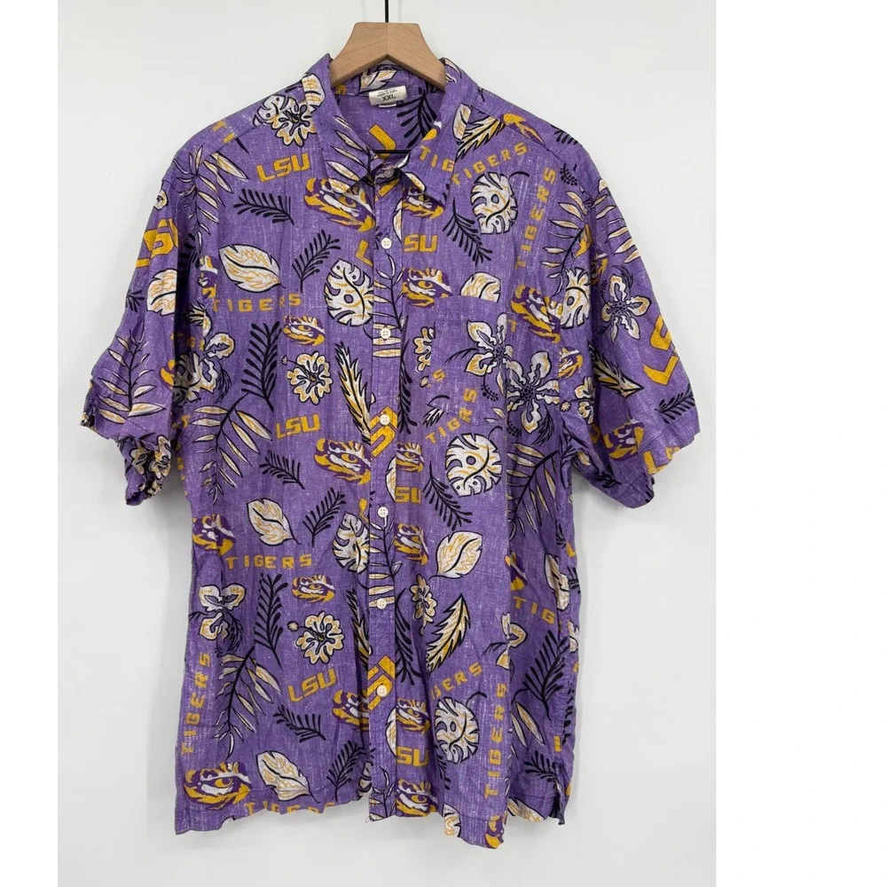LSU Tigers Shirt Mens XXL Purple Floral Hawaiian Button Up Cotton Vacation - Picture 2 of 8